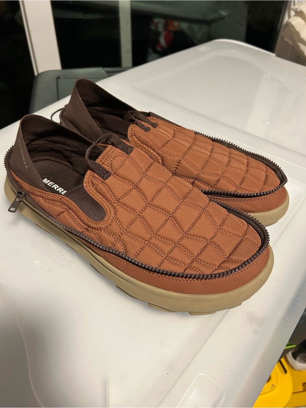 Merrell Quilted Slip-On Loafers in Brown and Tan